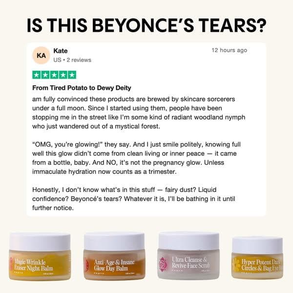 Reference ad: a customer review card above the product jars